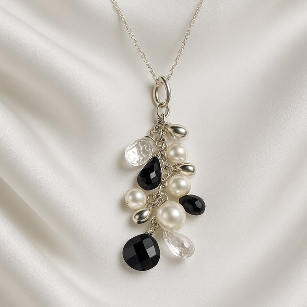 White House Black Market Silver Pearl & Black Bead Cluster Pendant Necklace, 18"